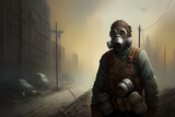 Apocalypse survivor alone in abandoned, destroyed city wearing gas mask and blue green shirt with brown military vest, thick fog and pollution gas, nuclear war survivor, generative ai