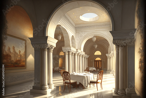 Image of a fine white dining room. Indian style arches, a doric column, a white marble floor, and a warm hidden light are all decorative features. Generative AI