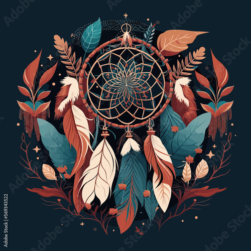 A Dreamcatcher With Feathers And Leaves. Editable Vector Illustration