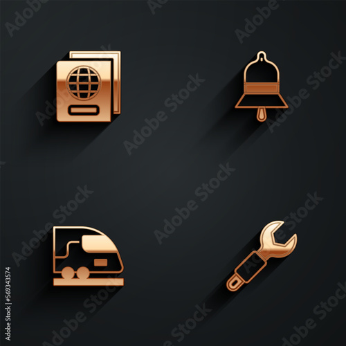 Set Passport, Train station bell, High-speed train and Wrench spanner icon with long shadow. Vector