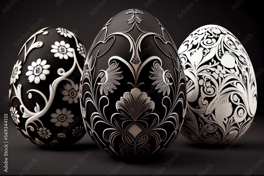 3d elegant, black and white Easter eggs. Generative AI 3d elegant, black and white Easter eggs. Generative AI