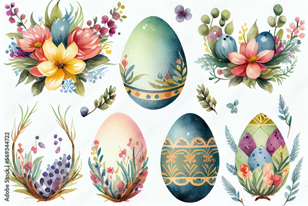 Set of easter eggs, floral and geometric ornament. Watercolor. Generative AI