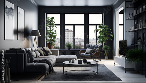 modern living room, 3d render style. Created with Generative AI © Ignacio