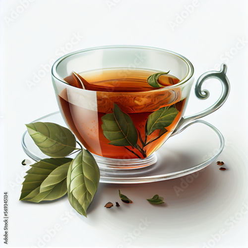 Cup of tea with mint in glass teacup and saucer.