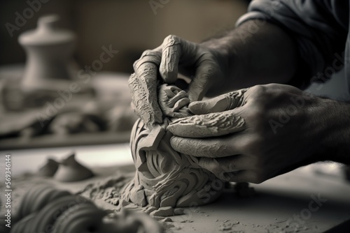 Close-up of persons hands sculpting clay or modeling a form, concept of Sculpting and Molding, created with Generative AI technology