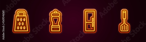 Set line Grater, Pepper, Refrigerator and Spatula. Glowing neon icon. Vector
