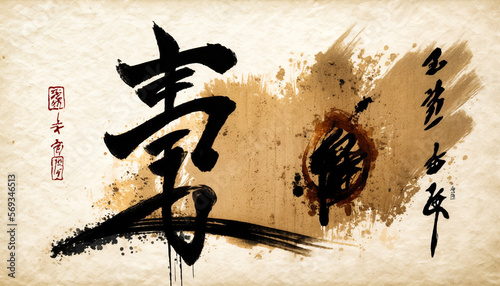 Japanese calligraphy, Abstract art watercolor and sumi-e design - generative AI photo