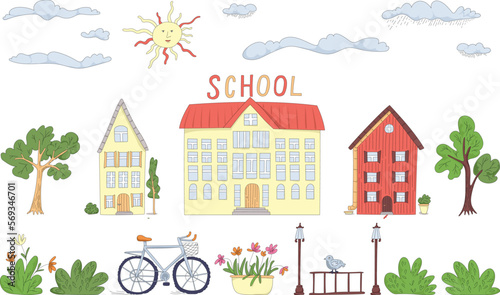 Vector Town Set of Illustrations with Buildings, School, Houses, Trees, Clouds and Sun, Bushes, Flowers, Bicycle, Cute Children's Illustration.