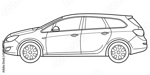 Classic station wagon. Side view shot. Outline doodle vector illustration for design - print, color book