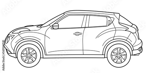 Classic luxury suv car. Crossover car side view shot. Outline doodle vector illustration. Design for print, coloring book