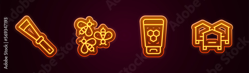 Set line Beekeeping knife, Bees, Cosmetic tube with honey and Hive for bees. Glowing neon icon. Vector