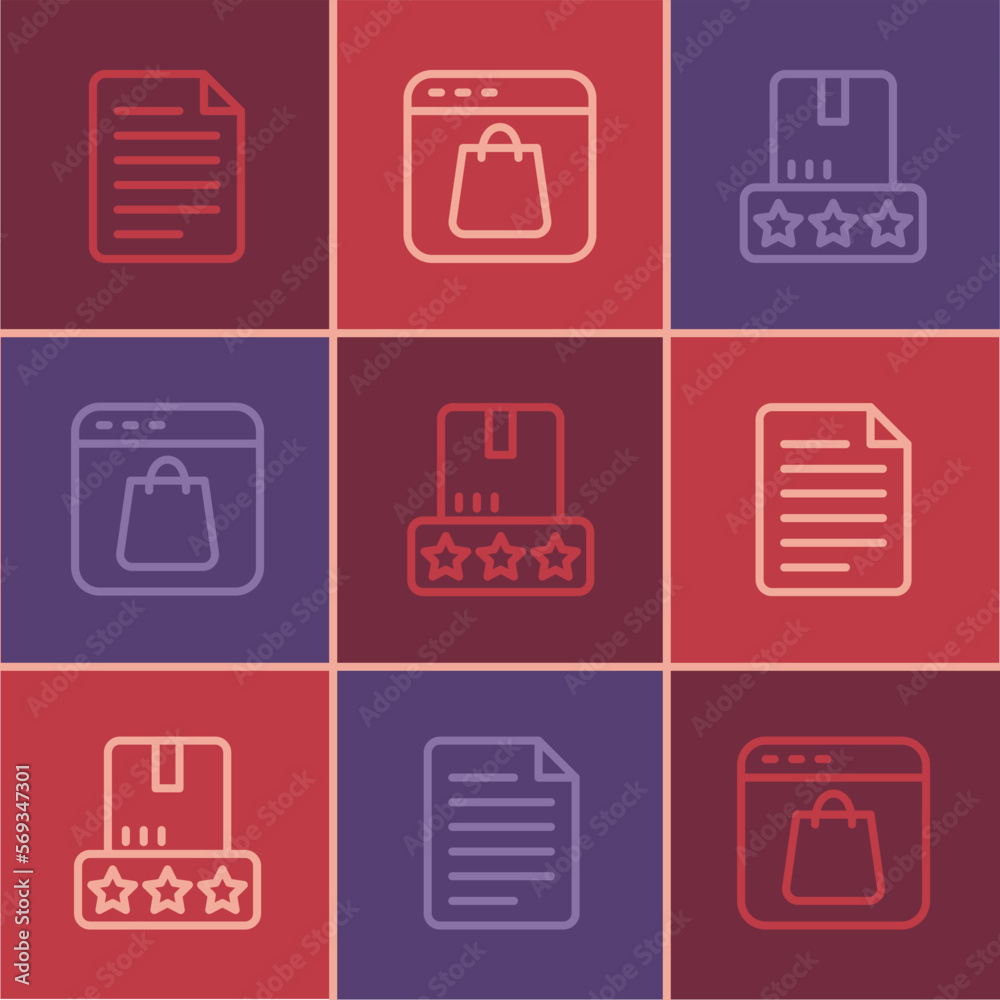 Set line File document, Consumer product rating and Online shopping screen icon. Vector