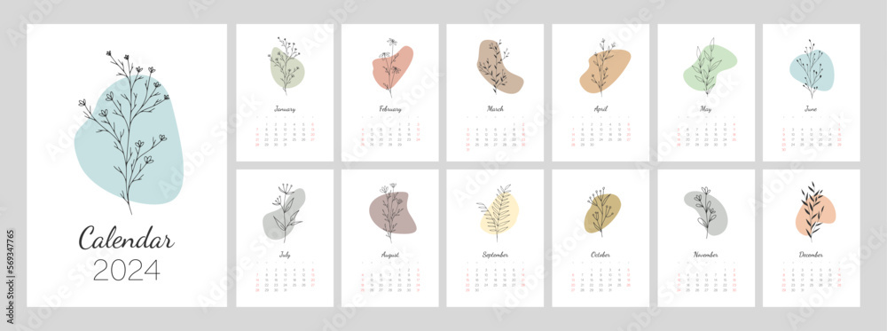 Calendar template for 2024. Vertical design with botanical line art. Natural colors. Editable illustration page template A4, A3, set of 12 months with cover. Vector mesh. Week starts on Sunday.