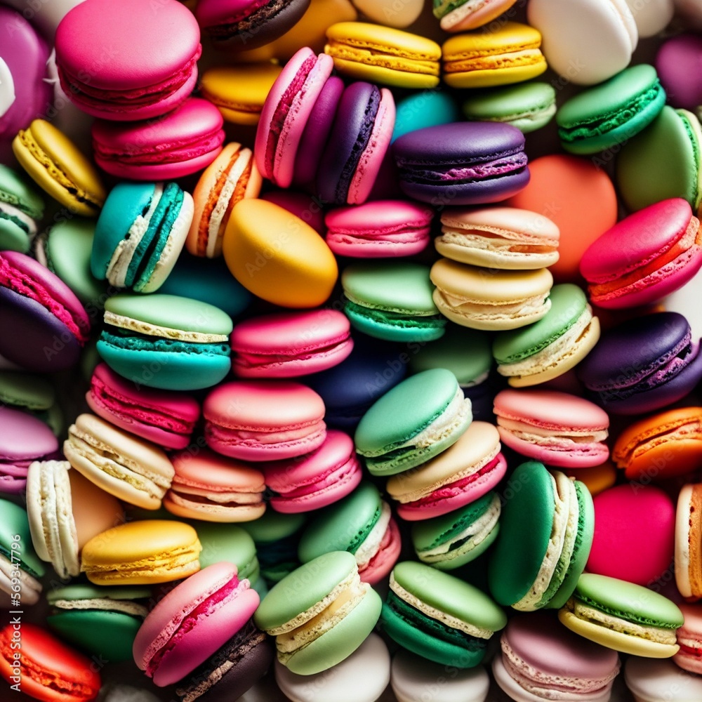 top view row of colorful delicious Macarons, generative art by A.I. top view row of colorful delicious Macarons, generative art by A.I.