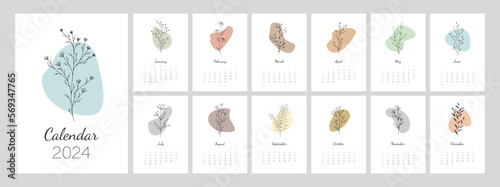 Calendar template for 2024. Vertical design with botanical line art. Natural colors. Editable illustration page template A4, A3, set of 12 months with cover. Vector mesh. Week starts on Sunday.