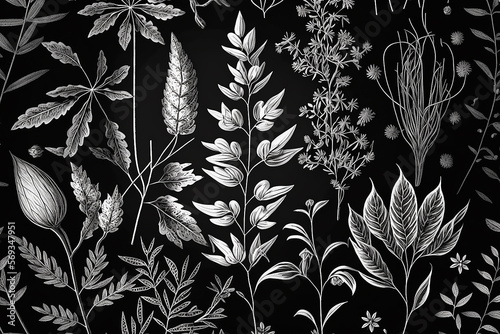White and black graphic illustrated herbal background. Illustration Generative AI