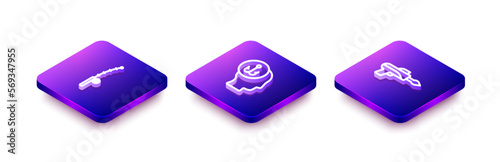 Set Isometric line Fishing rod, Fisherman and harpoon icon. Vector