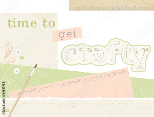 Time to get crafty, national craft month design with paper and crafting items

