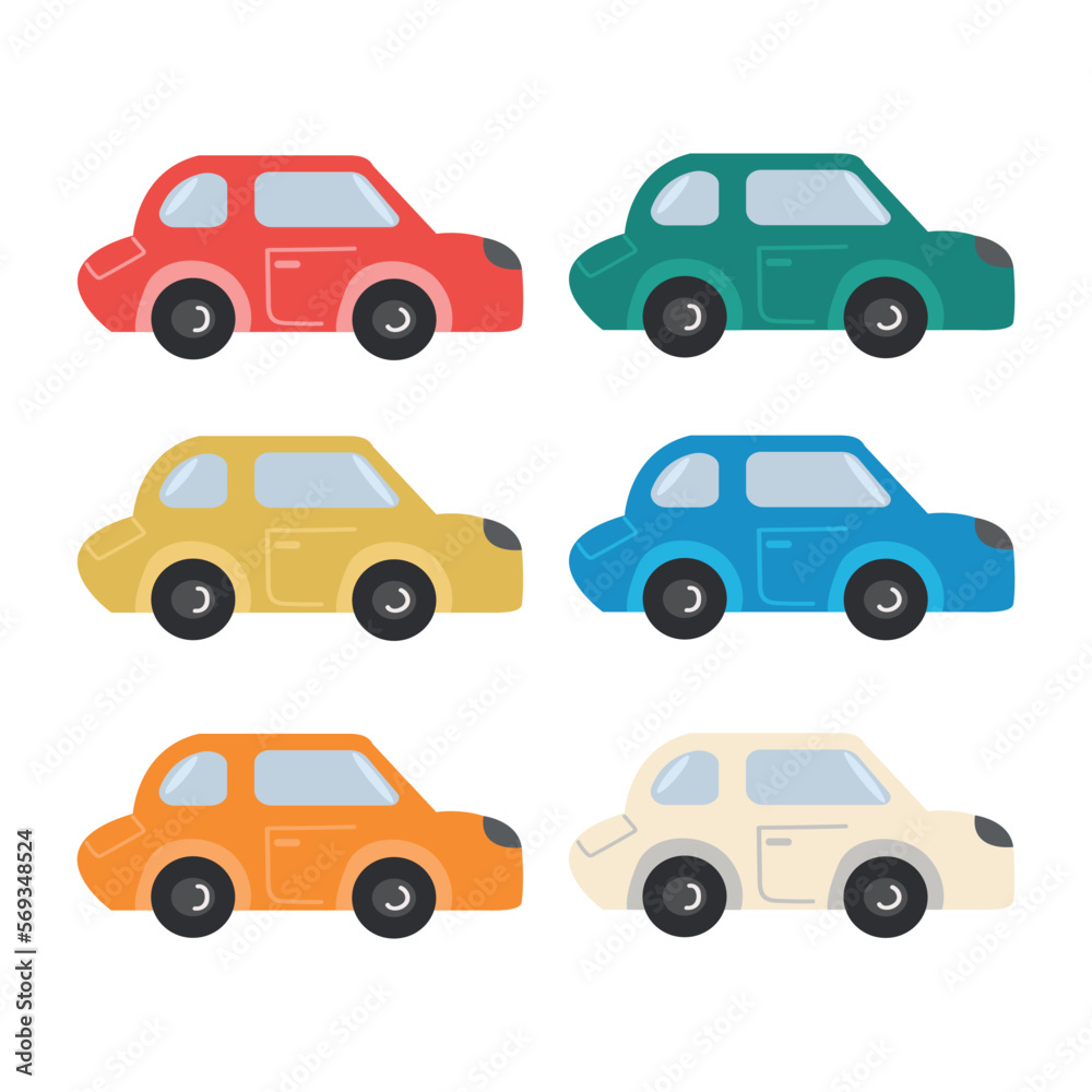 Different colors Automobiles models flat icon collection. Isolated vector illustration set. Cars and vehicles concept