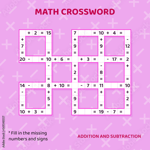 Math Crossword puzzle for children. Addition and subtraction.