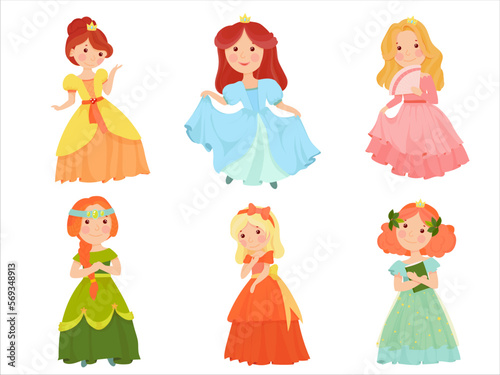 Cute princesses in gorgeous dresses. Fairytale characters. A girl in a magical costume. Middle Ages. Vector illustration isolated on white background.
