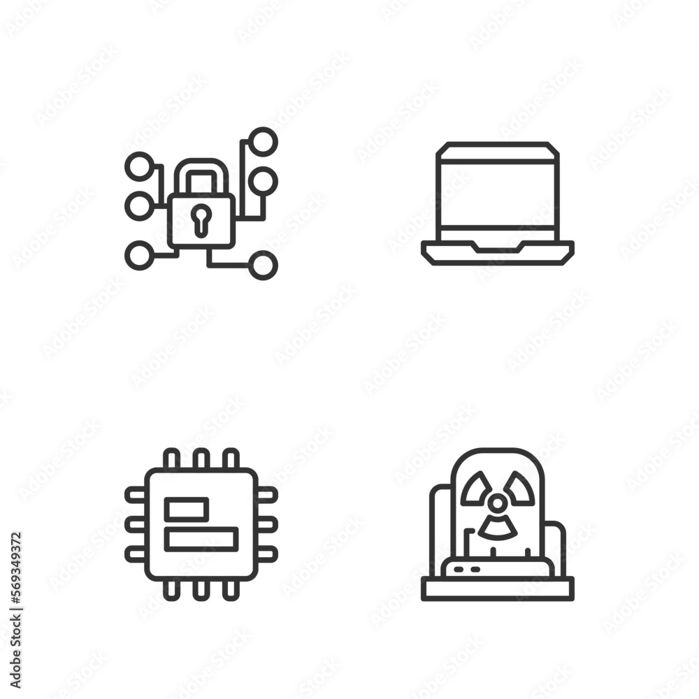 Set line Radioactive warning lamp, Processor CPU, Cyber security and Laptop icon. Vector Set line Radioactive warning lamp, Processor CPU, Cyber security and Laptop icon. Vector