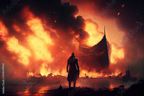 Viking warriors, generals, and Normans fought fiercely at the Battle of the British Isles, an epic battle scene. Generative AI.