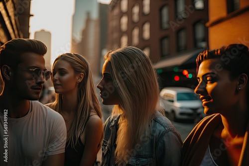 An image created with artificial intelligence shows three friends walking through the streets of New York. They are depicted as young, happy and fashionable, dressed in trendy clothing.ia generated