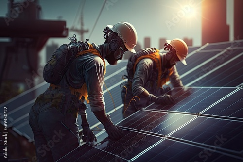 artificial intelligence-generated image of two workers installing solar panels on a rooftop