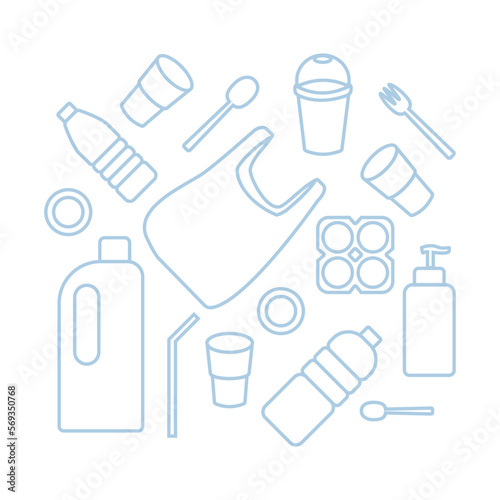 Plastic objects set. Plastic pollution, recycling, environmentally unfriendly objects.