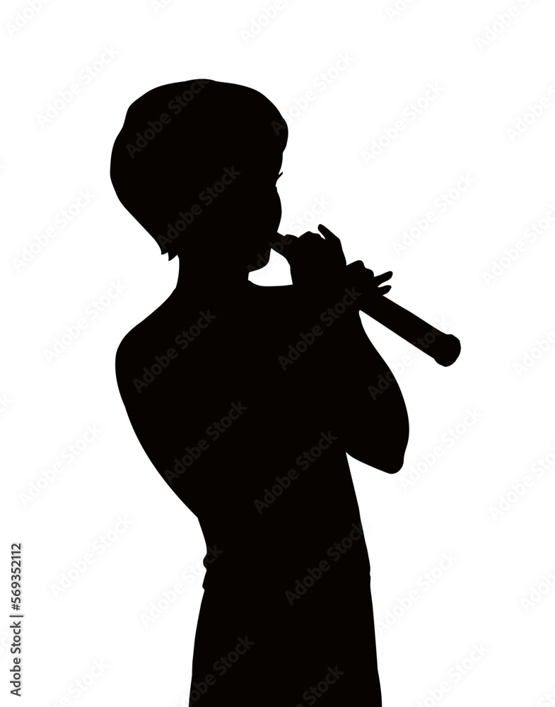 Vector drawing. Boy playing flute