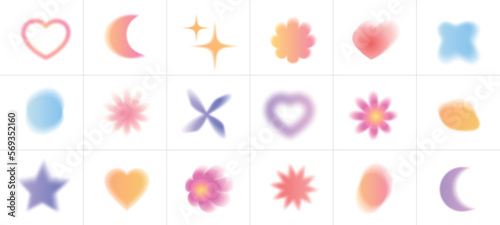 Abstract blurred gradients hearts and flowers set. Soft colored graphic elements collection.Y2k aesthetics aura. Vector isolated illustration