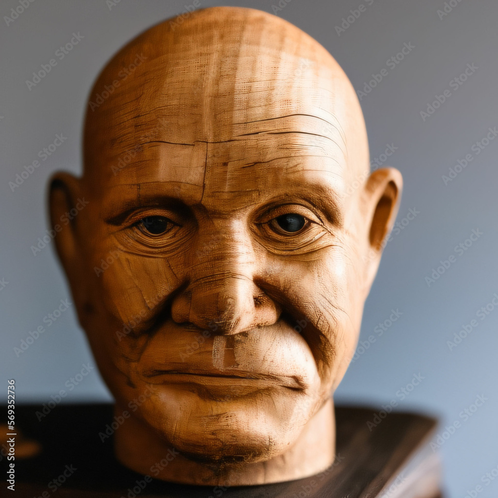 Wooden carving of a man's head, Generative AI