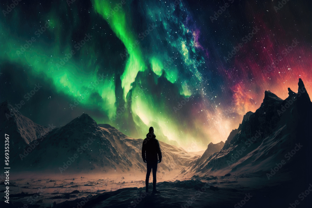 Silhouette of a person watching the Northern lights, aurora borealis, landscape with mountains. Generative AI.