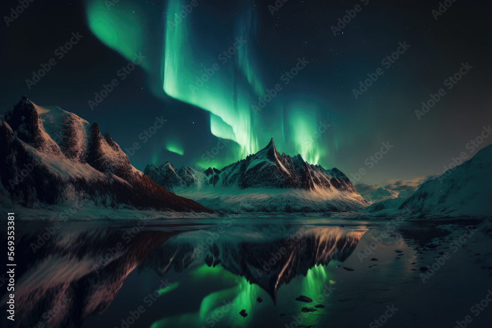 Northern lights, aurora borealis, mountain landscape with lake. Generative AI.