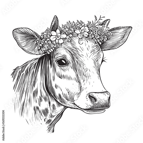 Cow portrait with flowers on head hand drawn sketch