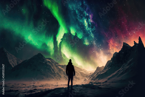 Silhouette of a person watching the Northern lights, aurora borealis, landscape with mountains. Generative AI.