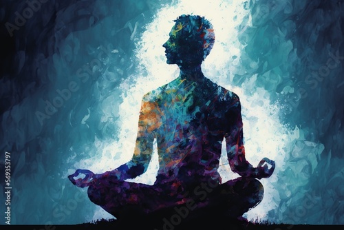 Person practicing yoga or meditation promoting physical and mental wellness, concept of Mindfulness and Relaxation, created with Generative AI technology