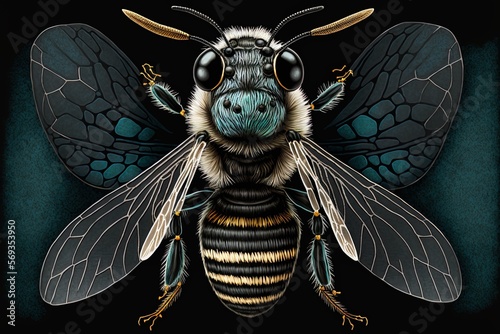 Close-up of the face of a male patchwork leafcutter bee (Megachile centuncularis, or tuinbladsnijder). Generative AI photo