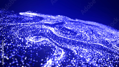 Abstract bg with blue magic glitters fly in air and form beautiful swirls. Sparkles float in viscous liquid. Sparkles in flow of turbulence forces. 3d render © Green Wind