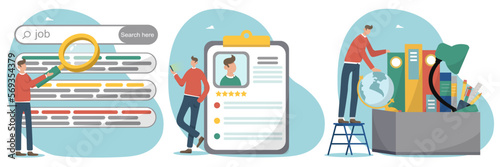 Job search and loss illustration set. Labor market concept. Search for a new job, employment, a career, opportunities, search for a work for the unemployed, post or send a resume.