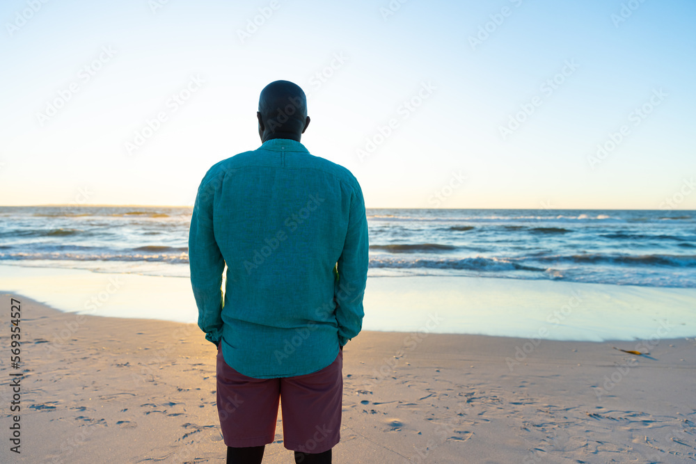 Rear view of african american senior man looking at sea against clear sky while standing on beach