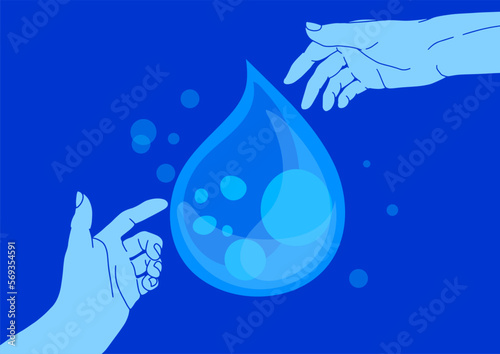 World water day concept for poster, card, flyer. Hand reaching out to each other. Save the planet concept. Human hand manipulates a drop of water. Protecting resources of planet. Water scarcity