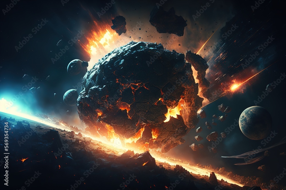 Burning exploding asteroids approaching planet earth. AI Stock ...