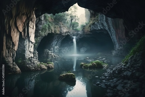 Illustration of underground lakes in a cave. Crystal clear water, spring, rocks, mountains, underground, water source, underground, underground, natural beauty. AI © DZMITRY
