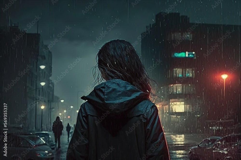 Cute Anime woman looking at the cityscape by night time. A sad, moody ...