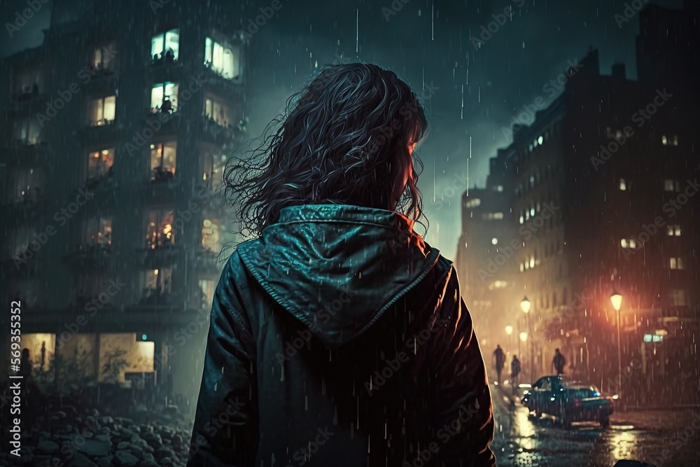 Cute Anime woman looking at the cityscape by night time. A sad, moody ...