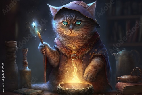Wizard Cat doing magic. Generative AI 
