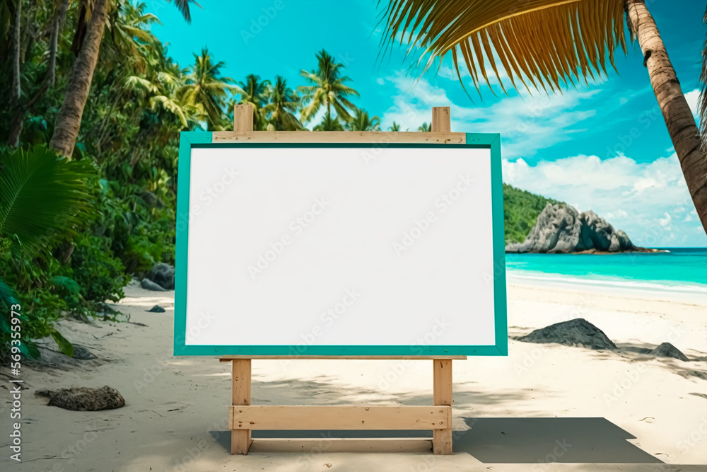 A empty signboard mockup in tropical background. Generative AI A empty signboard mockup in tropical background. Generative AI