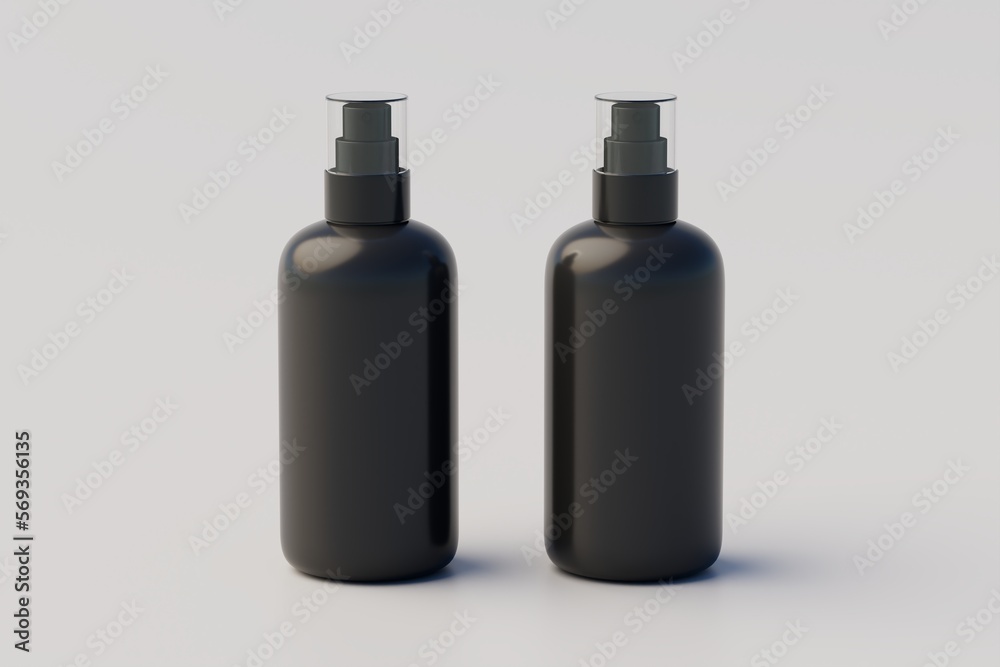 Black Plastic Spray Multiple Bottle Mockup. 3D Illustration Black Plastic Spray Multiple Bottle Mockup. 3D Illustration
